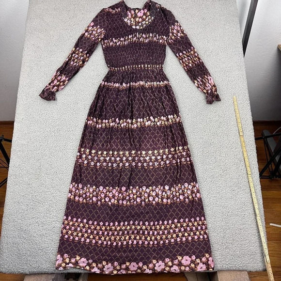 Vintage 70s Dress Size Small Floral Smocked Maxi Burgundy Boho Hippie - Picture 12 of 16